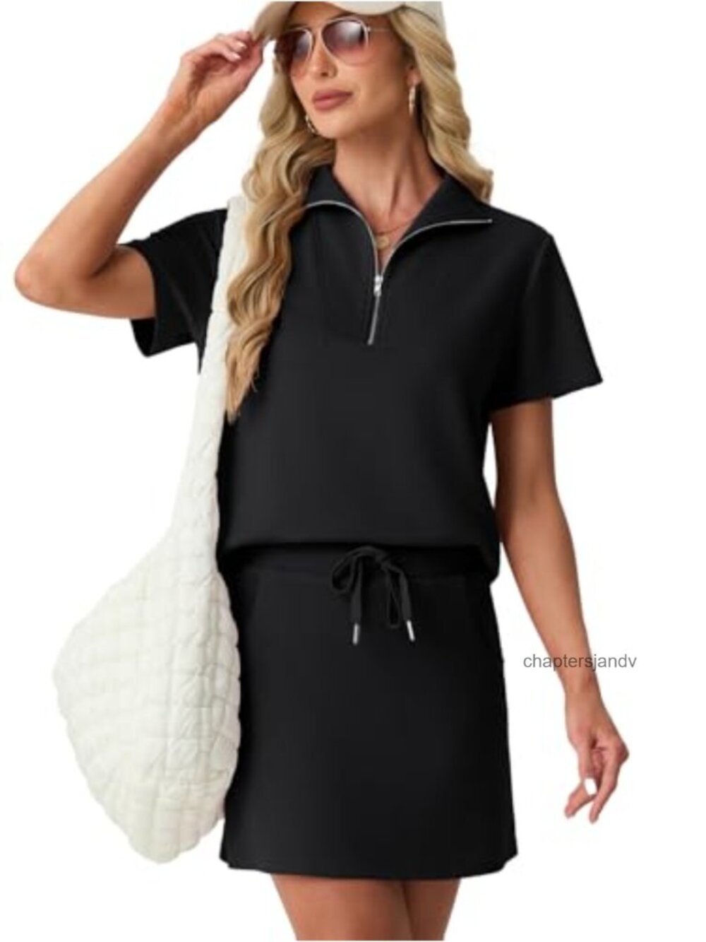 Women's 2 Piece Skort Set Half Zip Short Sleeve Top Pocketed Tennis Skirt